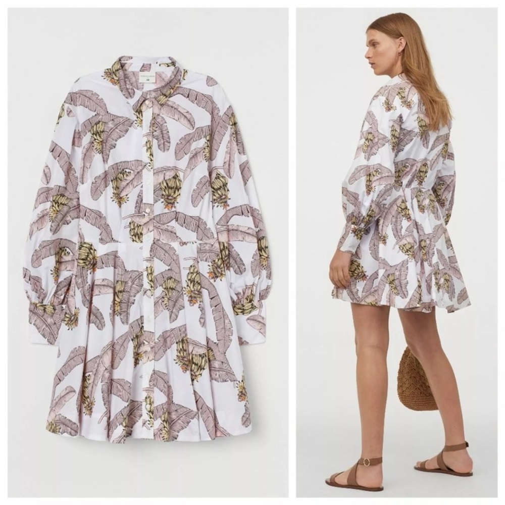 Desmond + Dempsey for H&M Pink Banana Print Balloon Sleeve Mini Shirt Dress